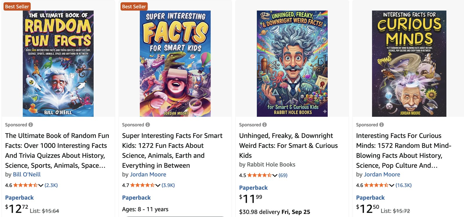 Amazon search results for fact books: Best Seller badges, 4.5-4.7 star ratings, thousands of reviews